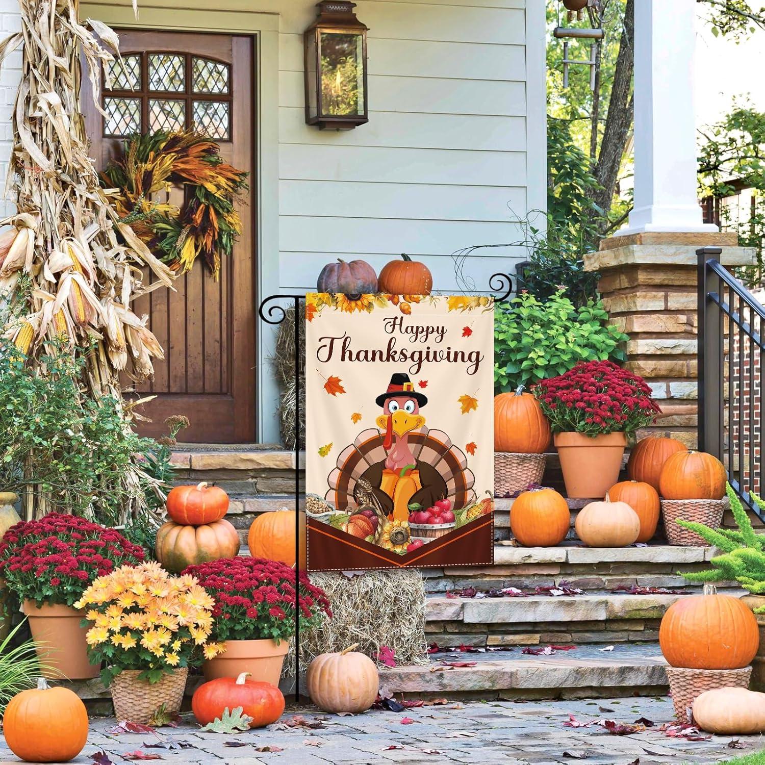 Thanksgiving Garden Flag,Happy Thanksgiving Flags 12 x 18 Inch Thanksgiving House Flag Double-Sided 2 Layer Thanksgiving Turkey House Flag For Thanksgiving Decoration