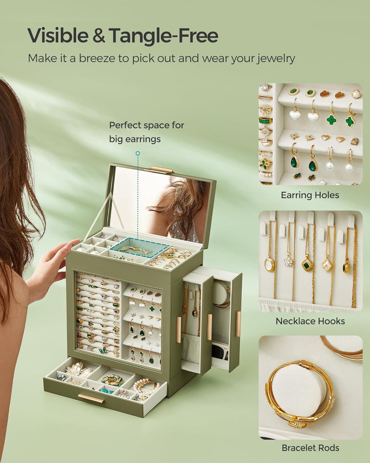 SONGMICS Jewelry Box with Glass Window, 5-Layer Jewelry Organizer with 3 Side Drawers, Jewelry Storage, with Big Mirror, Modern, 6.1 x 10.3 x 12.6 Inches, Laurel Green and Metallic Gold UJBC162C02