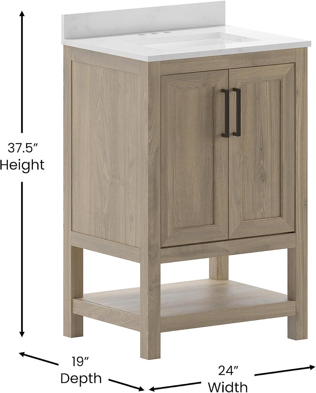 Flash Furniture Vega Bathroom Vanity with Sink Combo, Storage Cabinet with Soft Close Doors and Open Shelf, Carrara Marble Finish Countertop