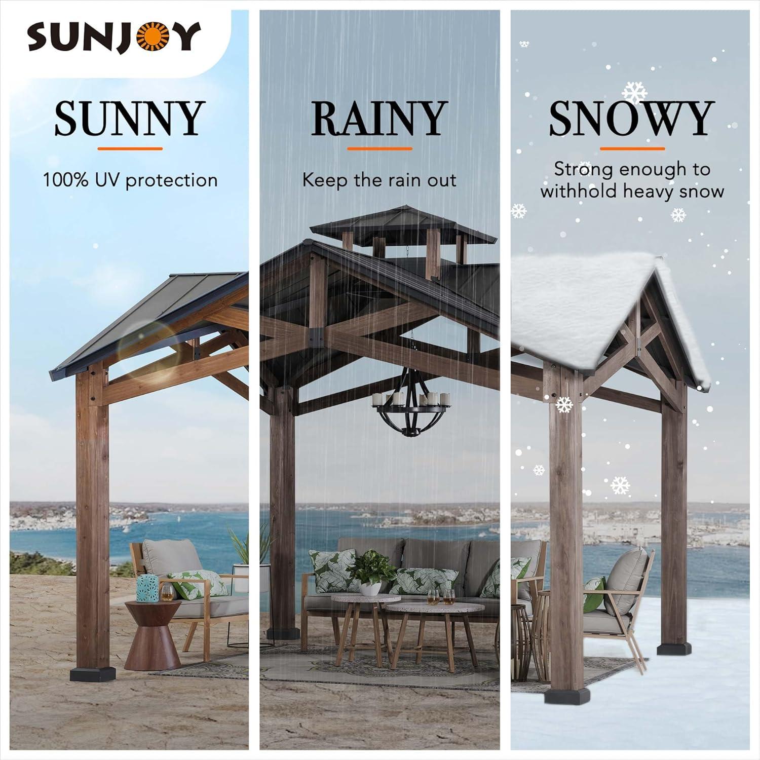 Sunjoy 12.5 x 12.5 ft. Hardtop Gazebo Outdoor Cedar Frame Wood Gazebo with Steel 2-Tier Hardtop Roof and Ceiling Hook