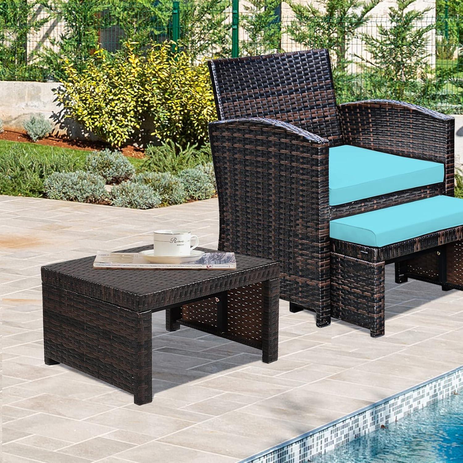 Tangkula 2 PCS Outdoor Wicker Ottoman Patio Rattan Furniture Metal Footrest Seat Square Footstool with Cushion Turquoise