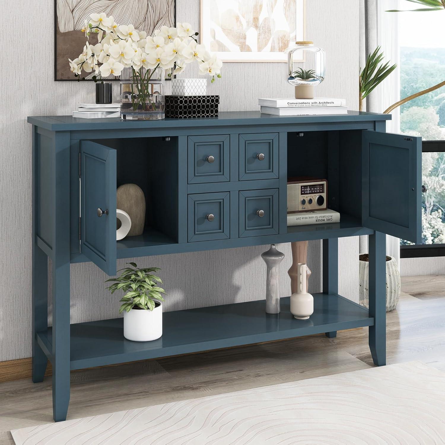 Light Navy Vintage Console Table with 4 Drawers and 2 Cabinets