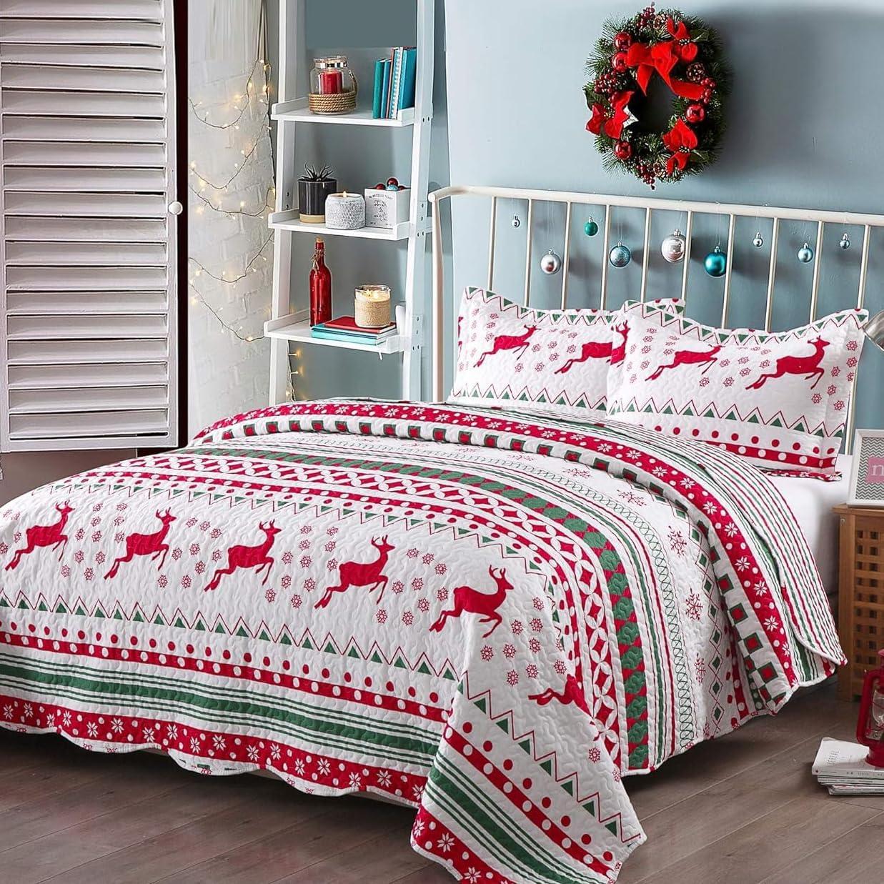 Festive Red and Green Reindeer Christmas Quilt Set