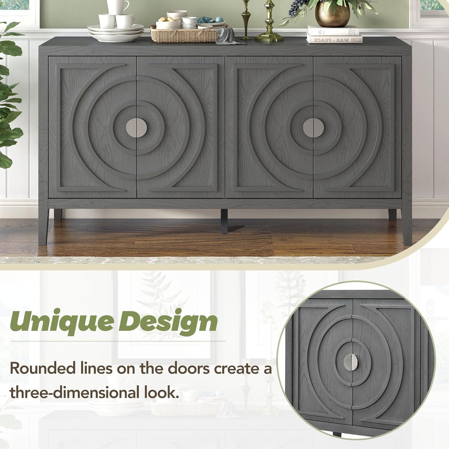 Gray 60" Distressed Wood Sideboard with Circular Groove Doors