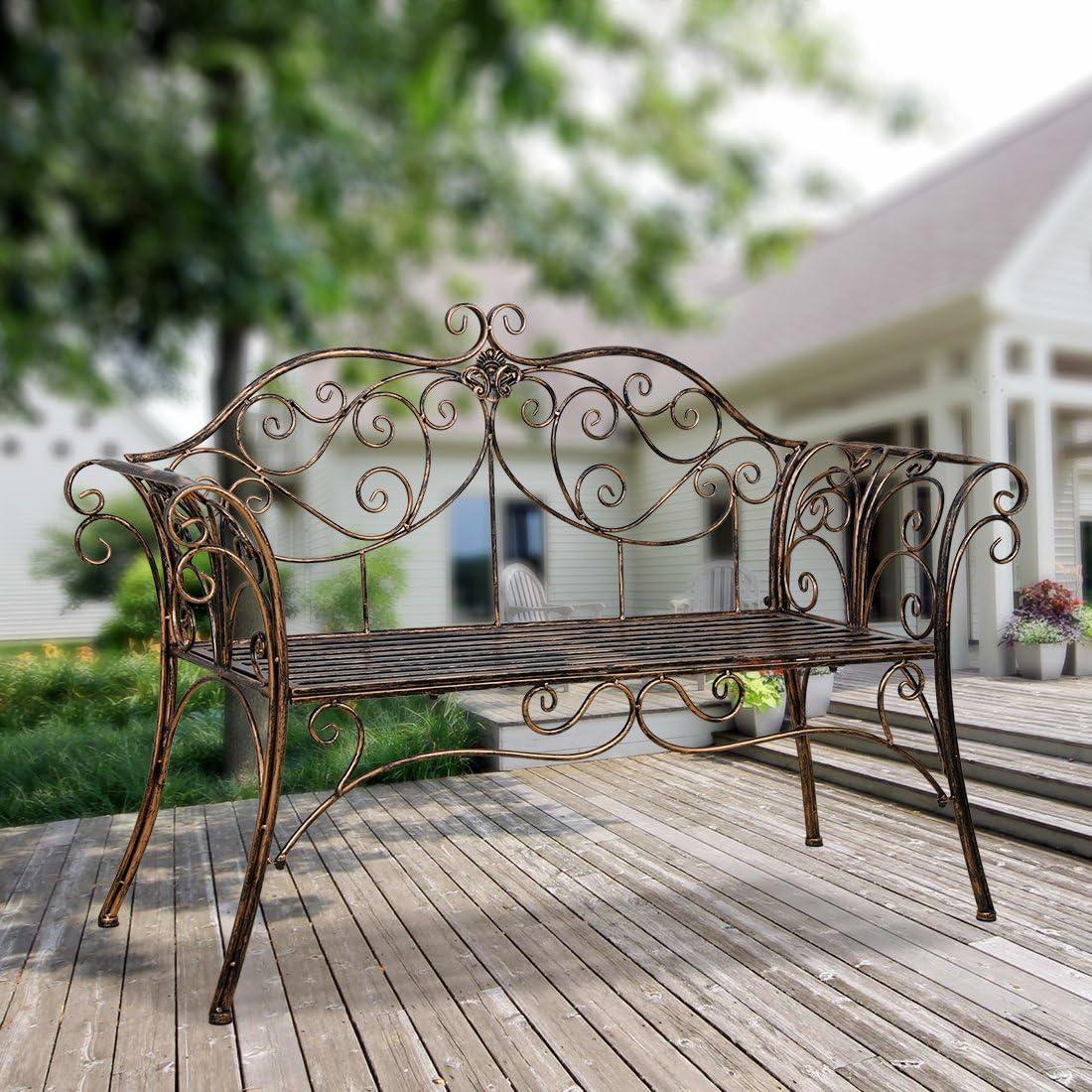 Antique Bronze Floral Design Metal Garden Bench