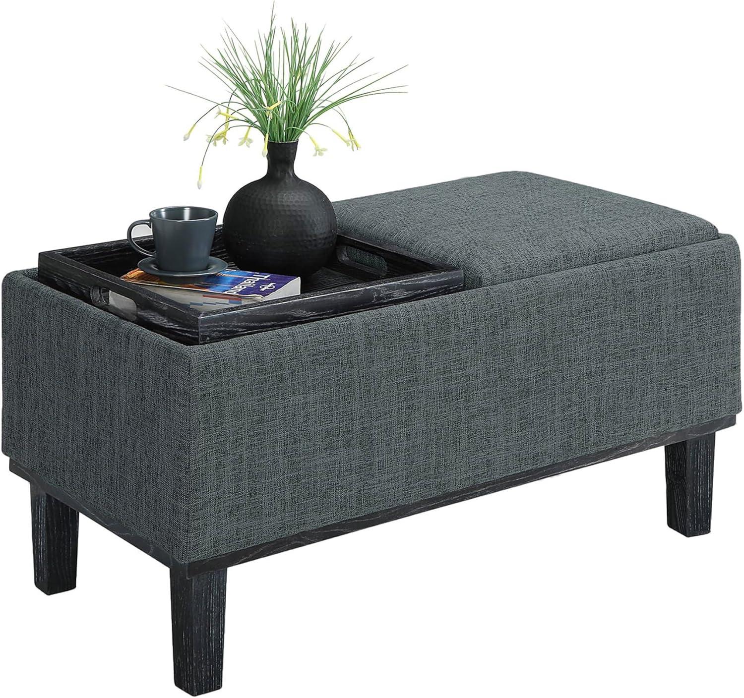 Gray Linen Tufted Storage Ottoman with Reversible Trays