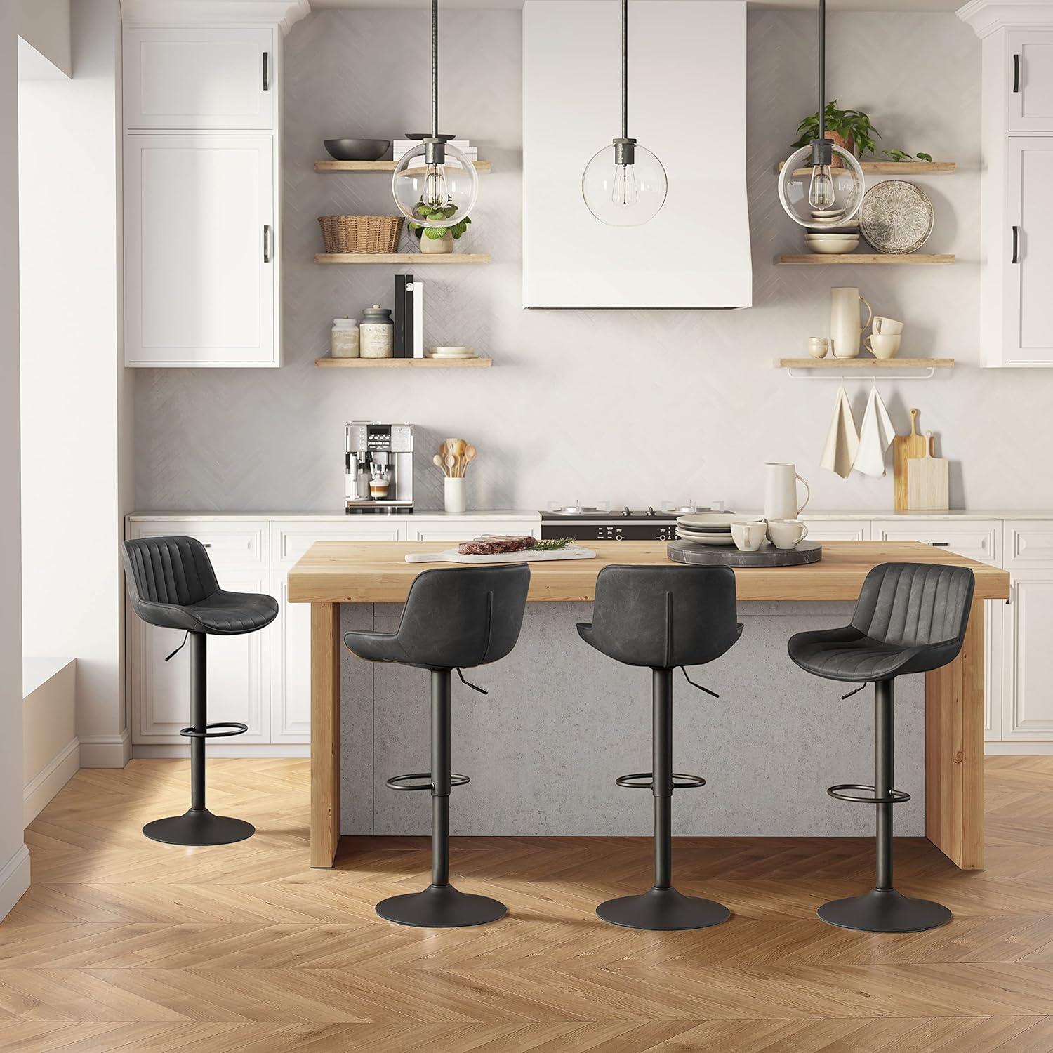 Zouron Adjustable Swivel Bar Stools, Black Faux Leather & Metal