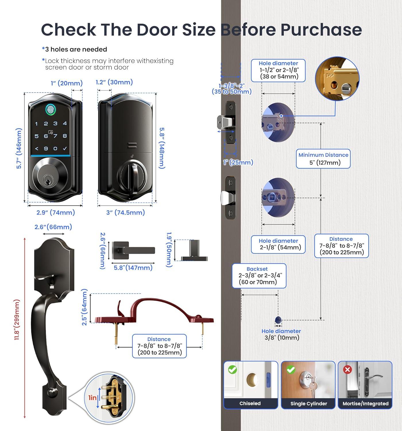 Veise VE017-H Fingerprint Smart Front Door Lock Set, App Control, Keyless Entry Deadbolt with Handle, Smart Deadbolt, Emergency Power Port, Touchscreen Keypad, Auto Lock, Easy Install, Matte Black