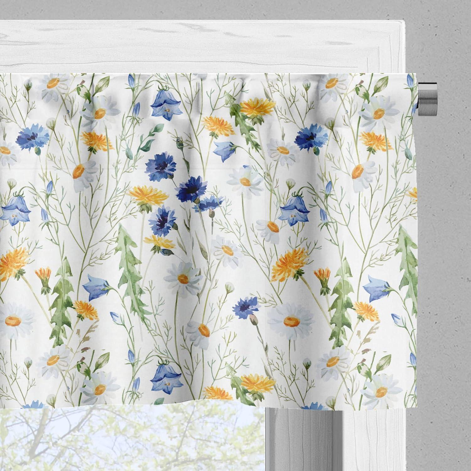 Ambesonne Nature Valance & Curtain, Poppies Daisies Rural, 55"x30", Pale Green Yellow Blue