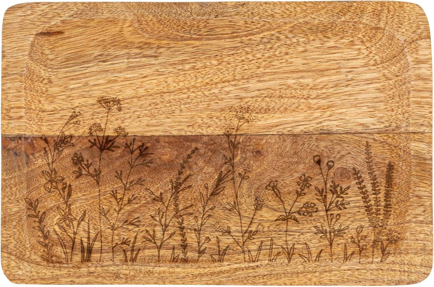 Creative Co-Op 11.75 Inches Mango Wood Laser Etched Botanicals, Natural Tray