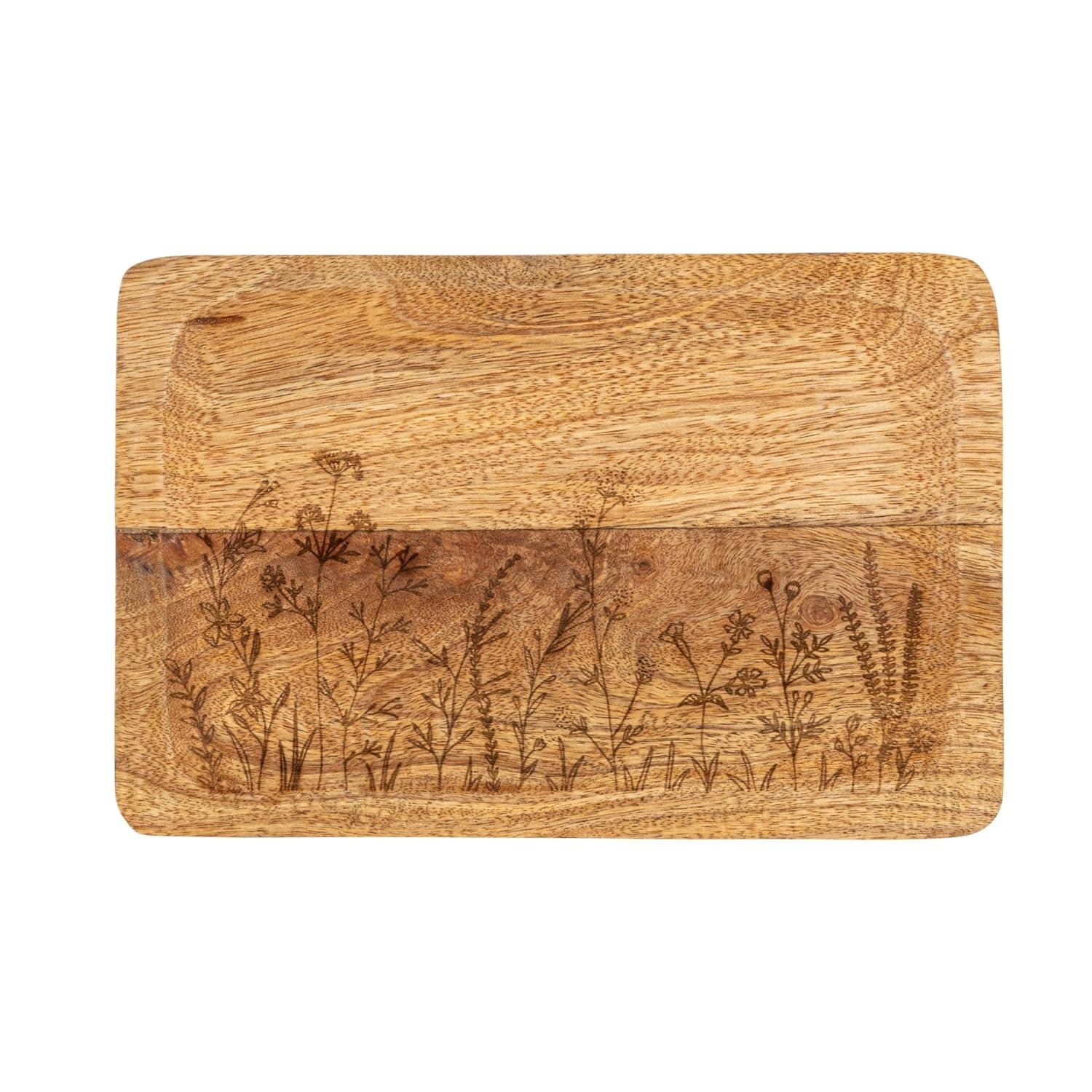 Creative Co-Op 11.75 Inches Mango Wood Laser Etched Botanicals, Natural Tray
