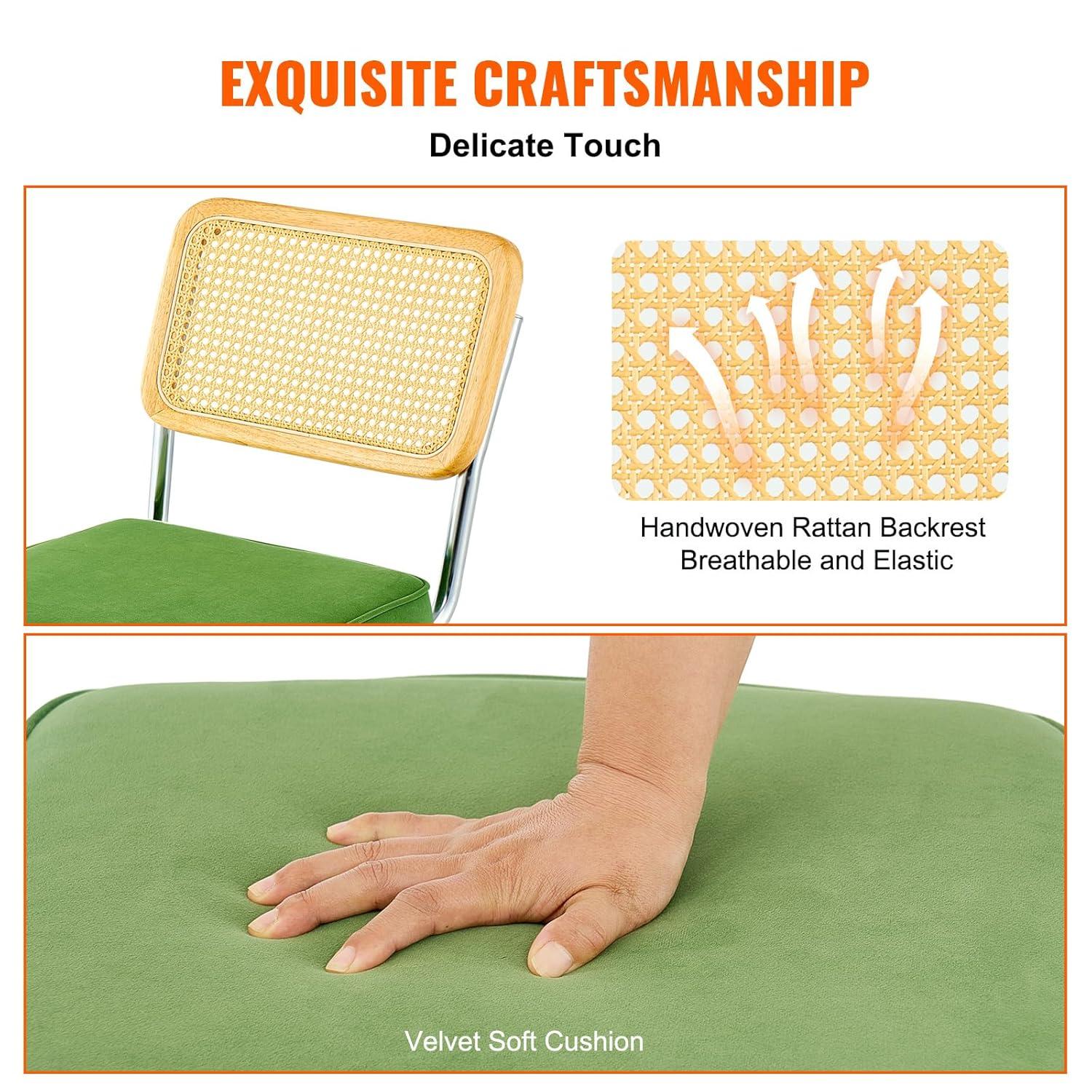 VEVOR Rattan Dining Chairs Set of 2, Mid Century Modern Dining Chair, Upholstered Velvet Accent Chair with Rattan Back,  (18.1 Inch)