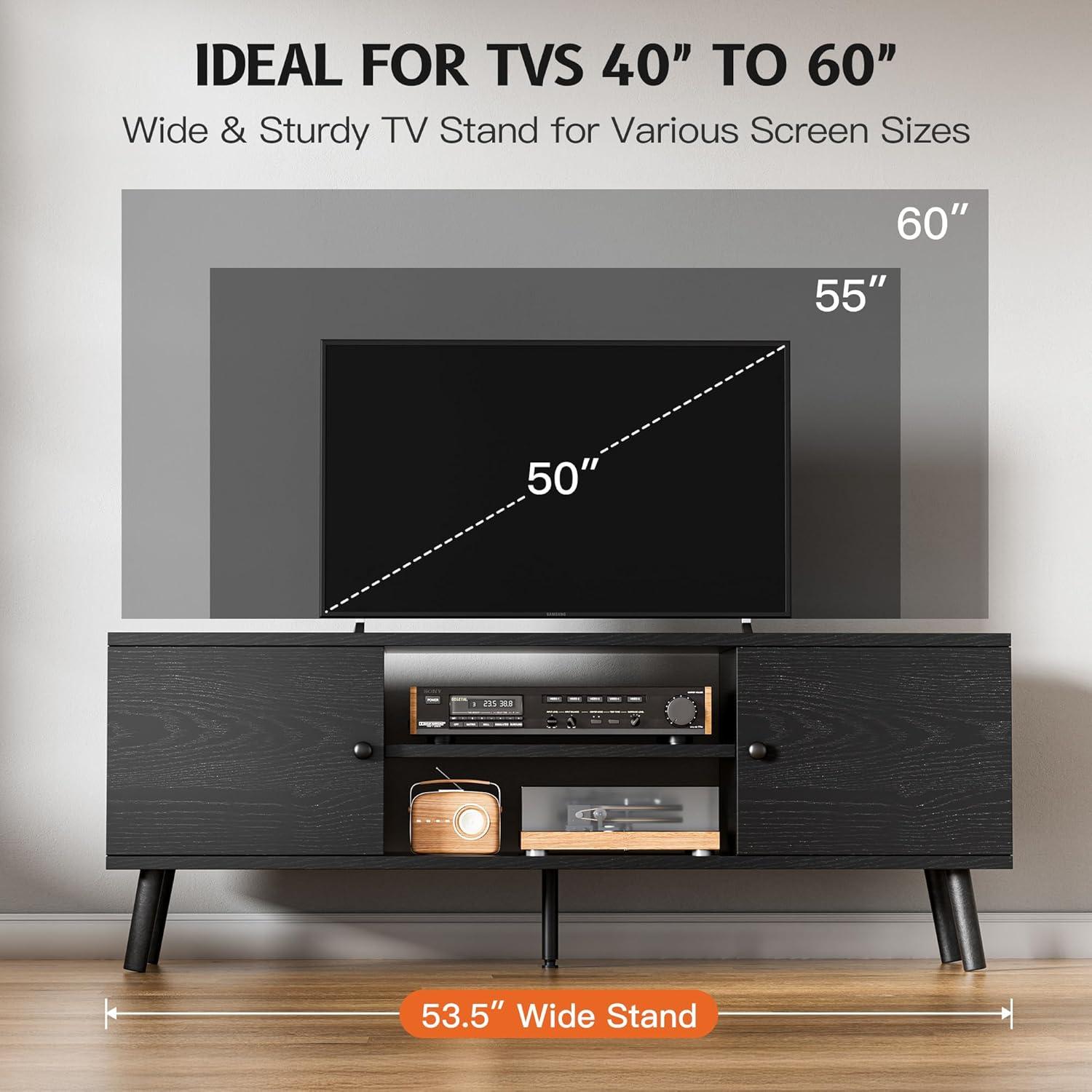 Simple Deluxe TV Stand for 55 60 inch TV, Entertainment Center with Storage Cabinet, Media Console Table 2 Cabinet, Soft Hinge, Handle Door, Wooden Living Room, Office Furniture, Black