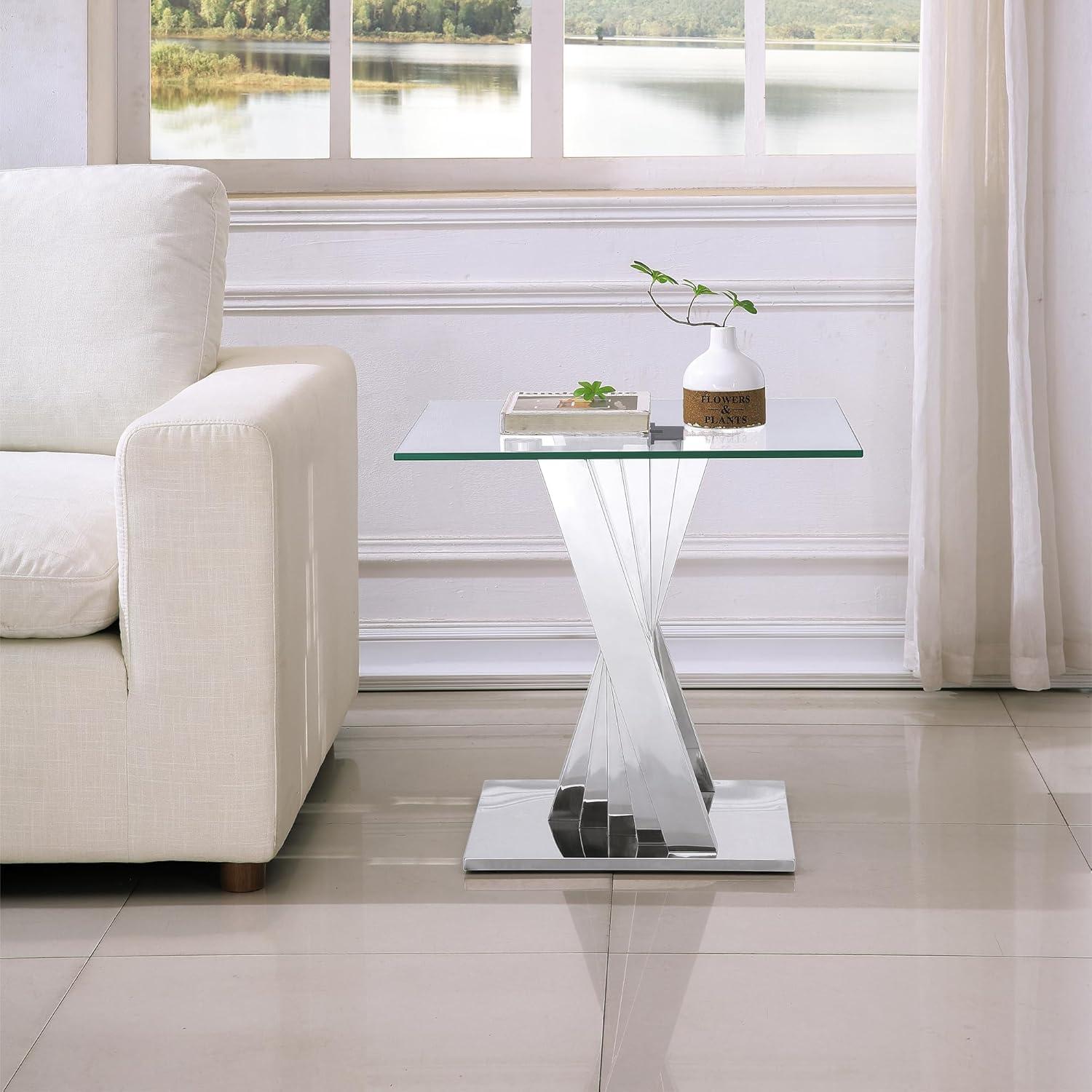 Ssline Silver Mirror Finish Stainless Steel Base End Table with Tempered Glass Top,Size 22.84*22.84*21.65