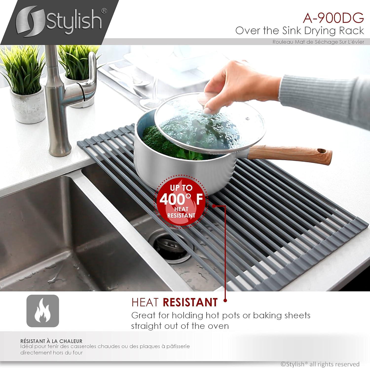 STYLISH Over The Sink Roll Up Dish Drying Rack Heat Resistant Trivet for Drying Dishes and Rinsing Vegetables Dark Grey A-900DG