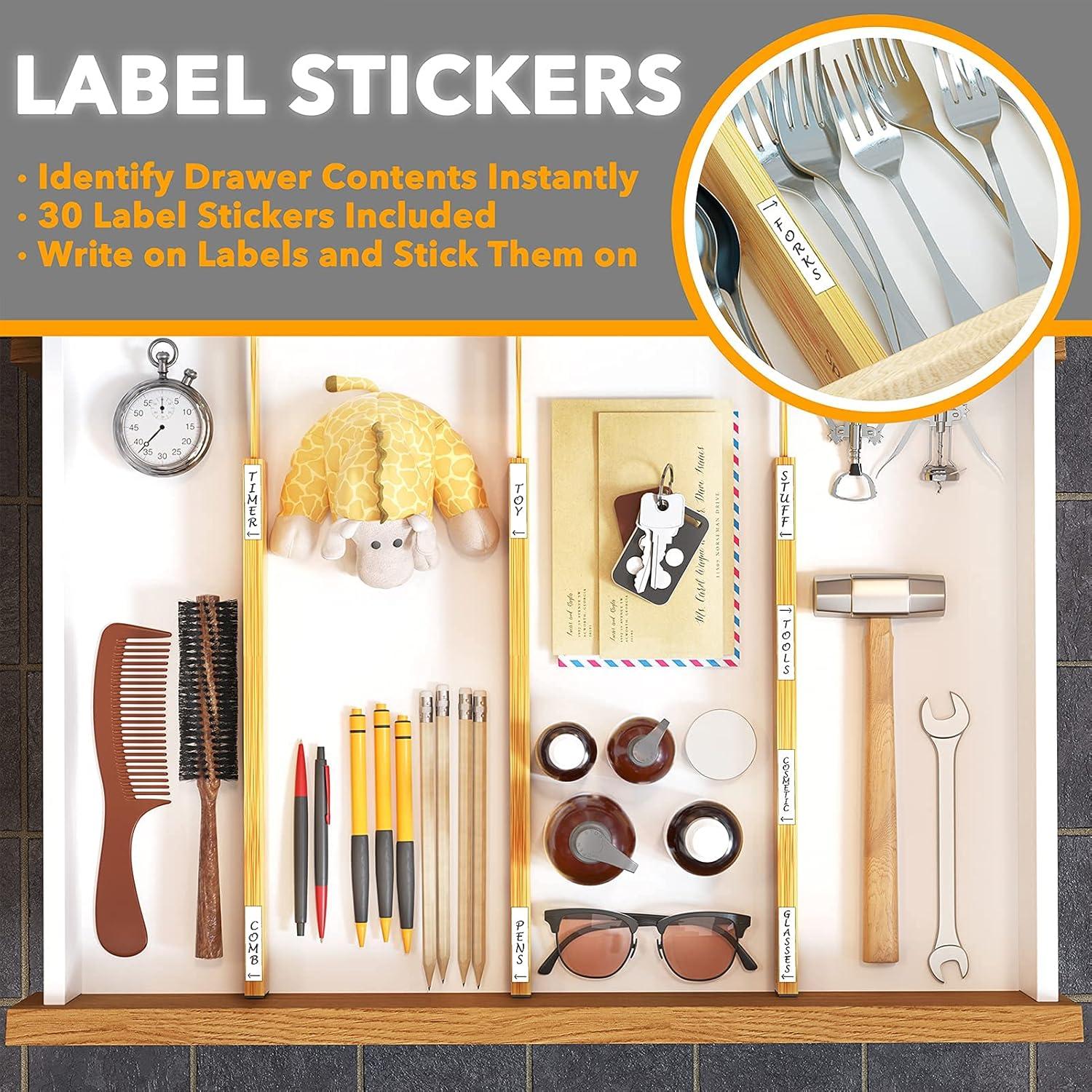 SpaceAid Adjustable Bamboo Drawer Dividers with Labels – Expandable Organizers for Kitchen, Office, Dresser, and Bathroom
