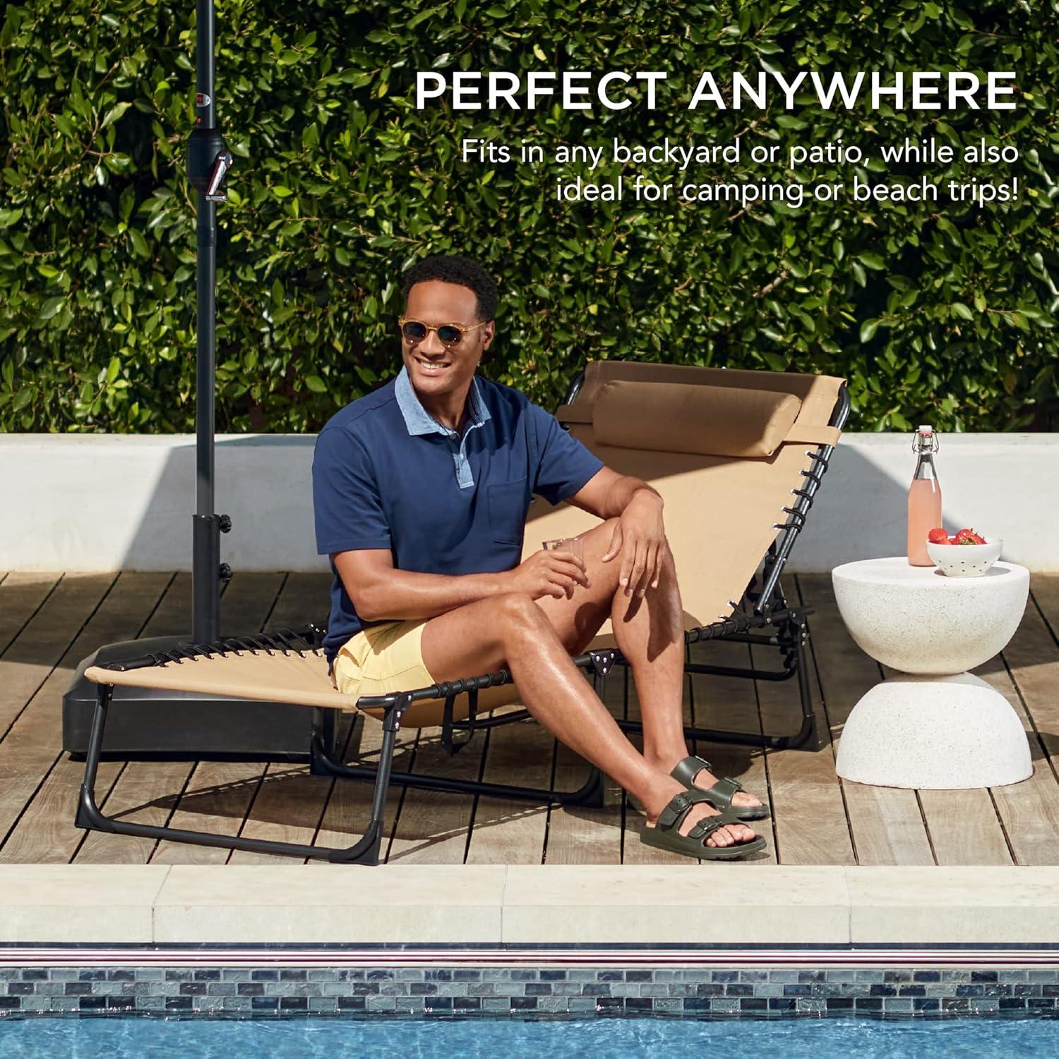 Best Choice Products Patio Chaise Lounge Chair, Outdoor Portable Adjustable Pool Recliner w/ Pillow - Tan