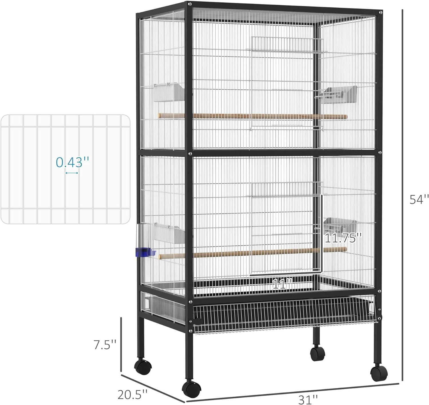 PawHut 54" Extra Large Portable Rolling Iron Aviary Flight Bird Cage And Accessories