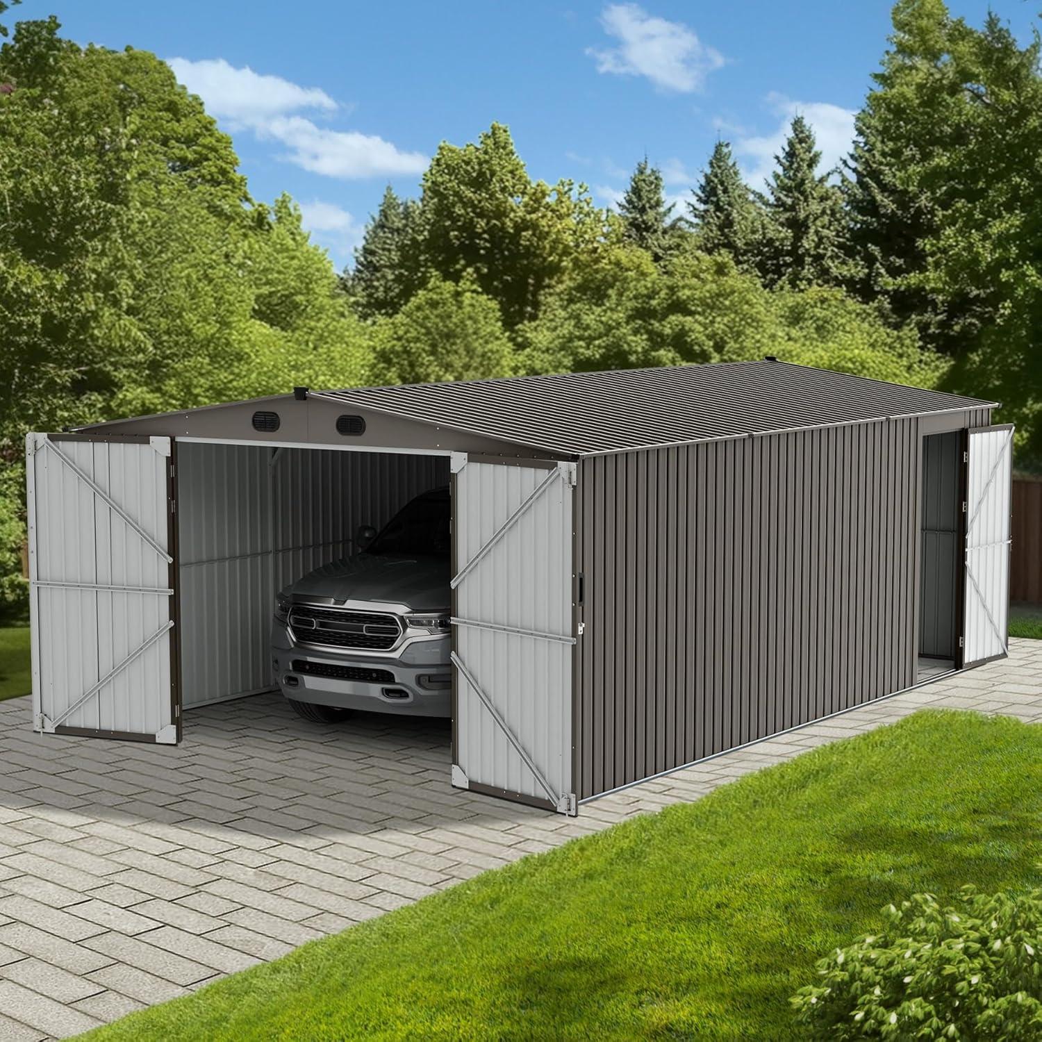 Sunjoy Outdoor Storage Shed 13 x 20 ft. Carport, Patio Metal Utility Large Storage Shed Garage with 2 Doors and 4 Vents, for Car, Truck, Bike, Garbage Can, Tool, Lawnmower