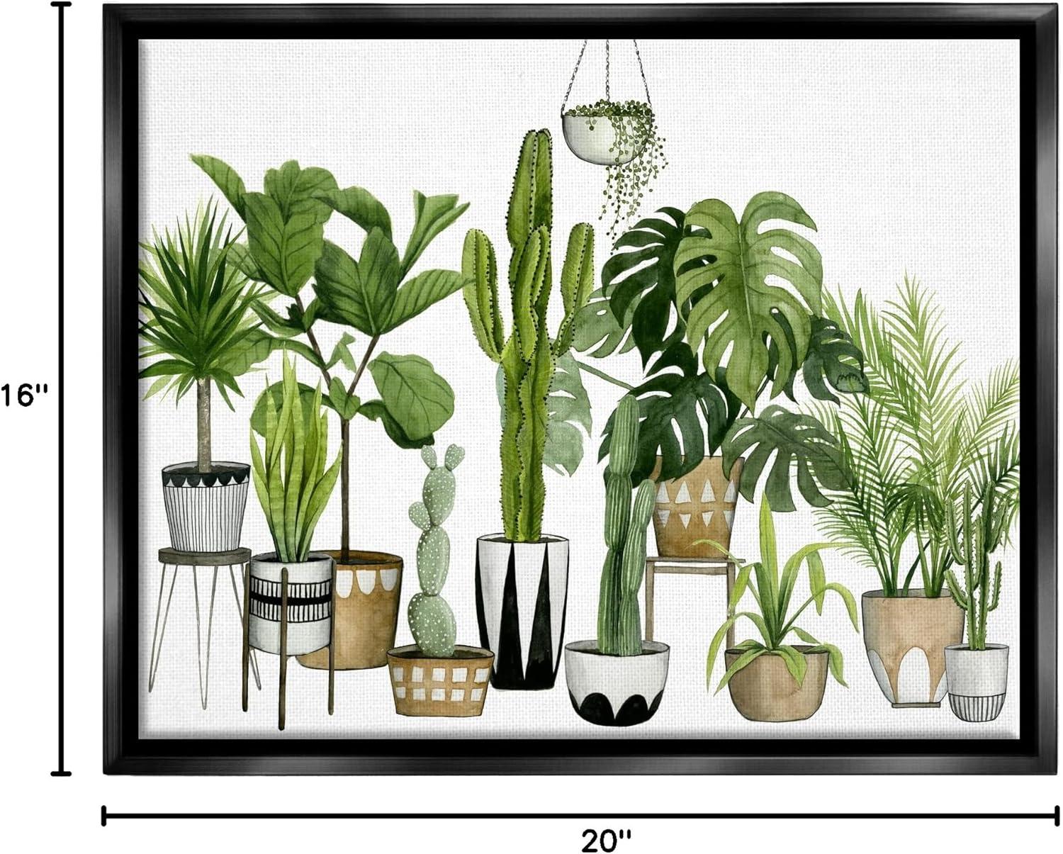 Stupell Industries Boho Plant Scene with Cacti and Succulents in Geometric Pots Watercolor Jet Black Framed Floating Canvas Wall Art, 16x20, by Grace Popp