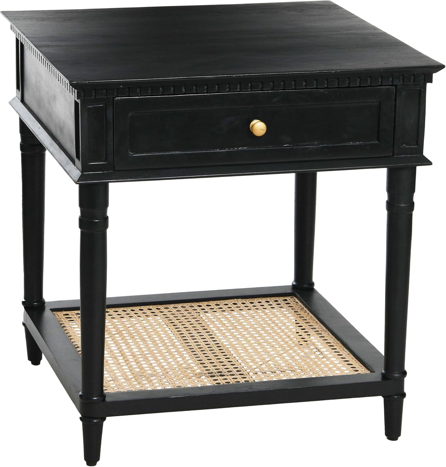 Storied Home Maxwelton End Table Black: Elegant Square Nightstand with Storage Drawer & Cane Shelf