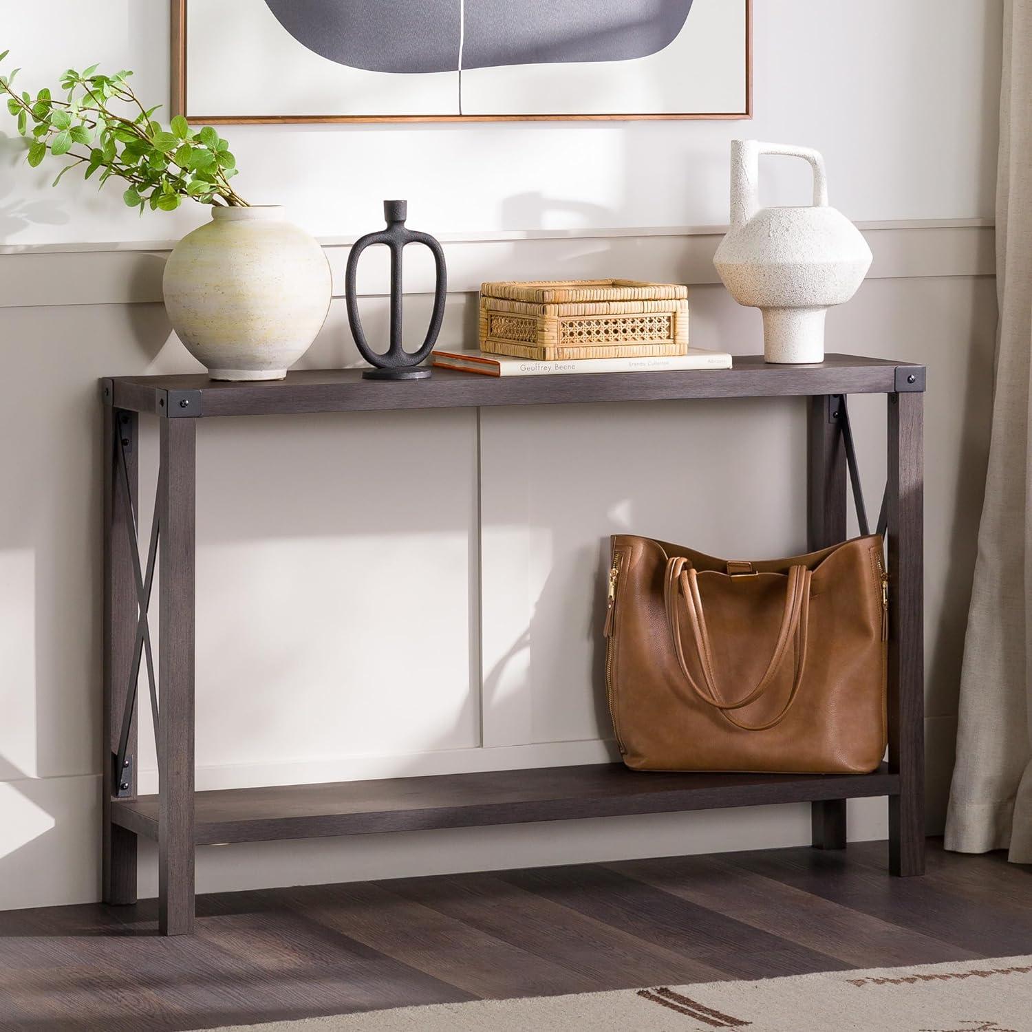 Farmhouse Metal-X Entry Table with Lower Shelf in Sable Gray