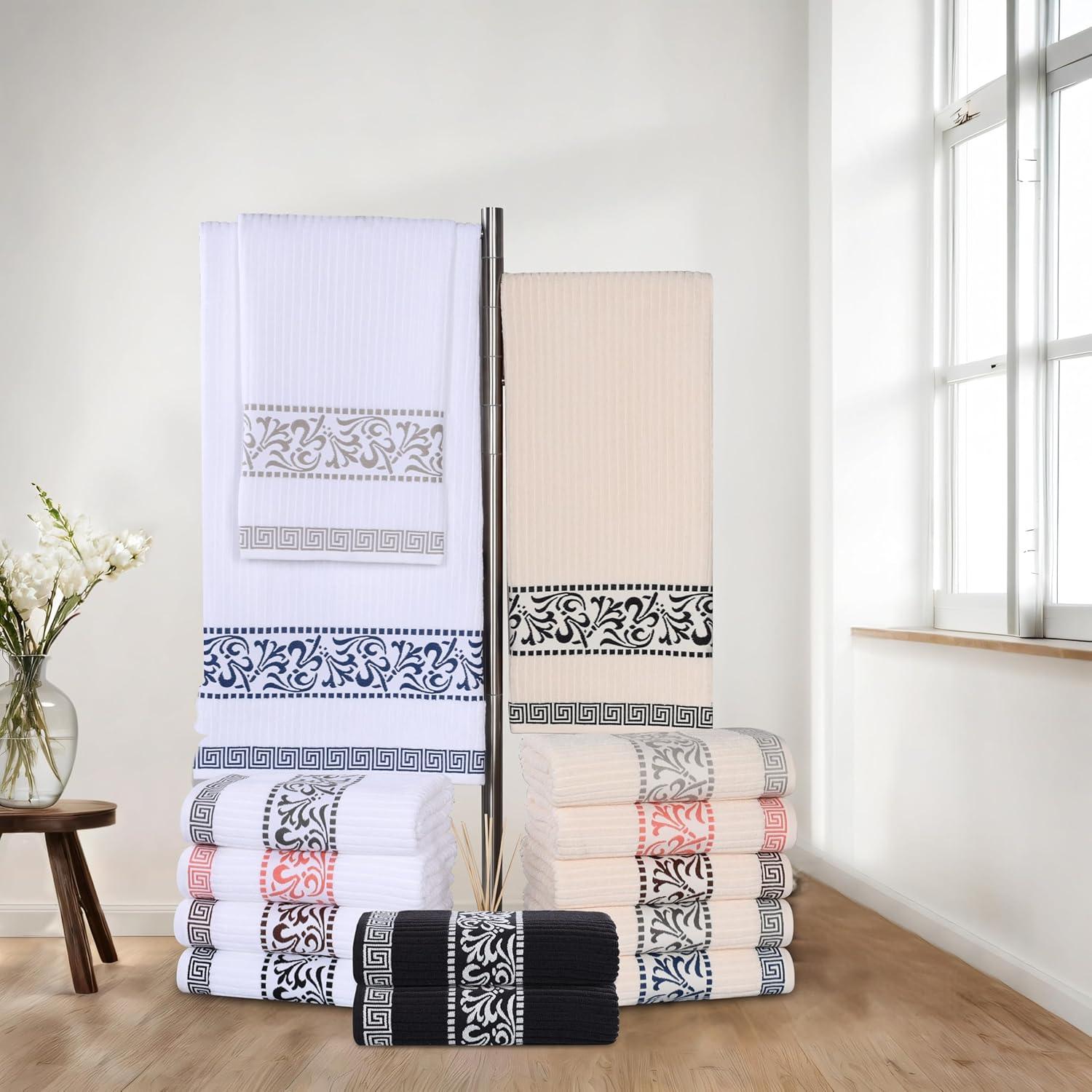 Superior Athens Cotton Medium Weight Floral Border Greek Key Trim 8 Piece Assorted Towel Set by Superior