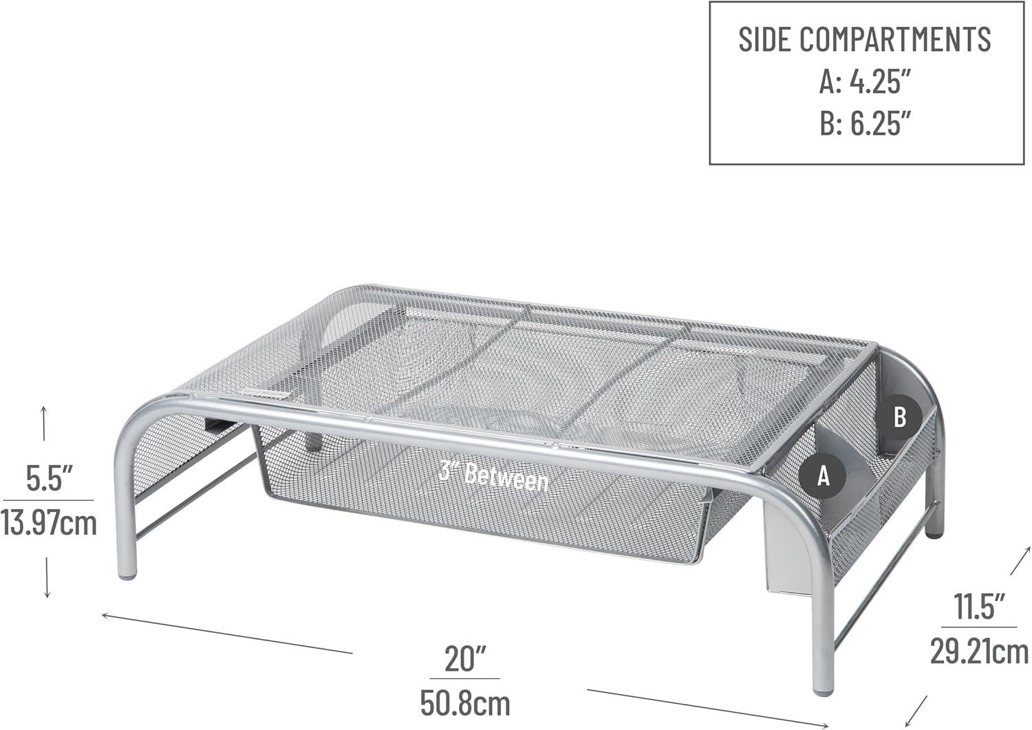 Silver Metal Mesh Monitor Stand with Drawer and Organizer