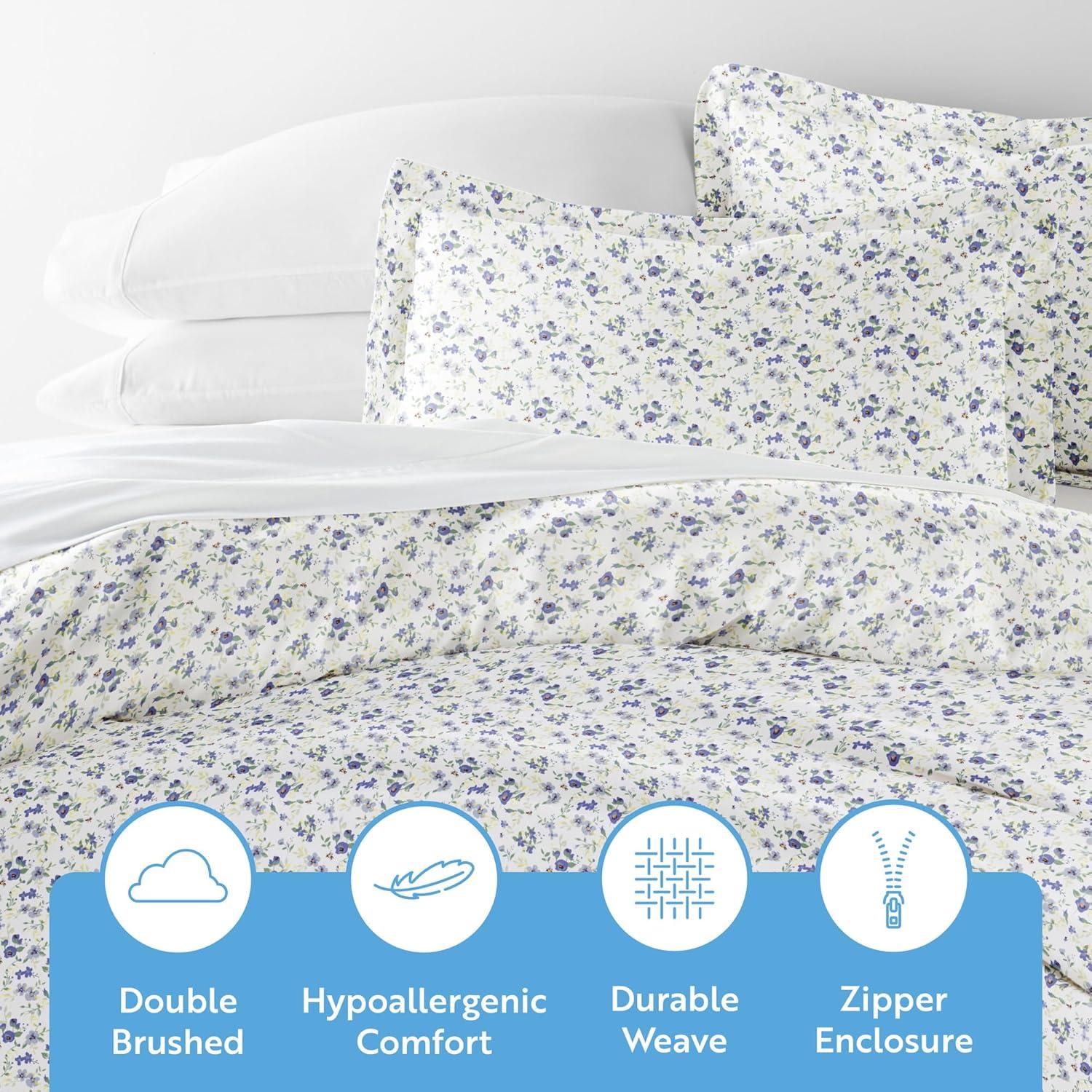 Light Blue Floral Microfiber Queen Duvet Cover Set