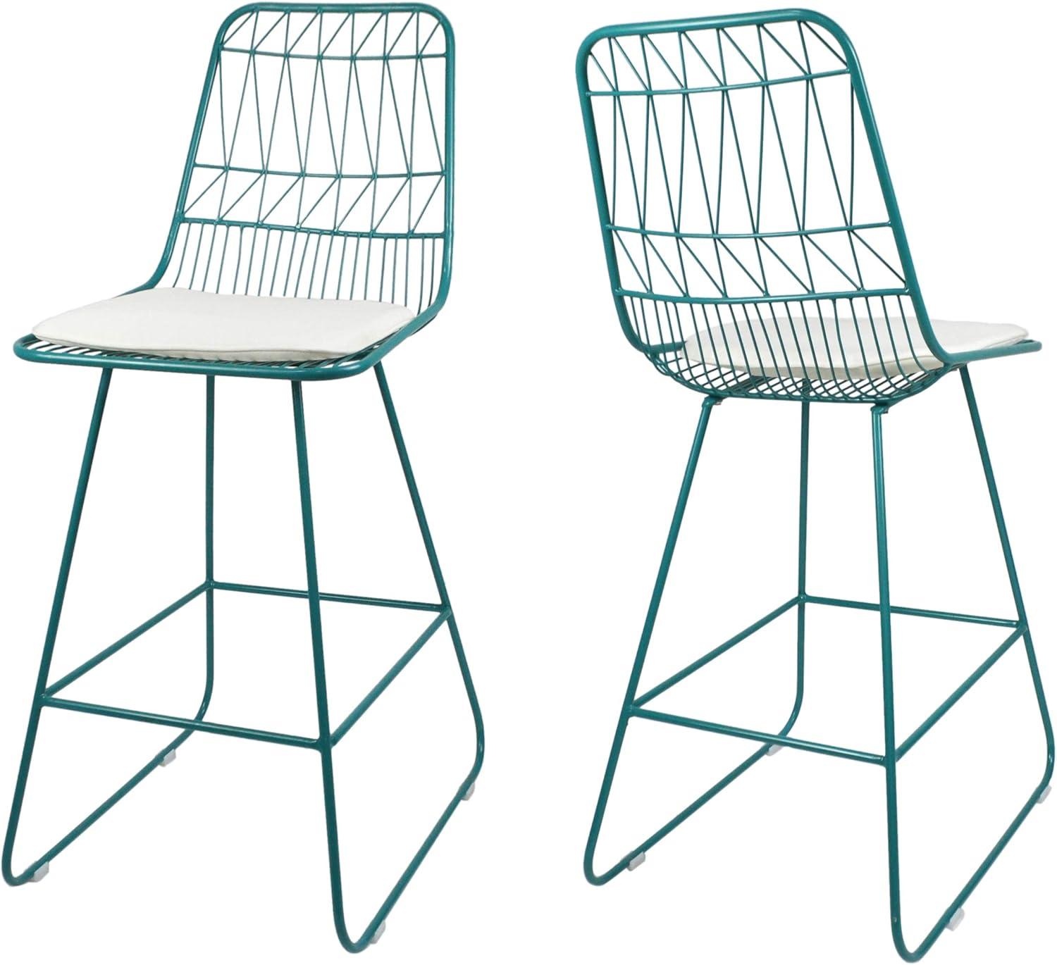 Teal Iron Frame Counter Stools with Ivory Cushions, Set of 2