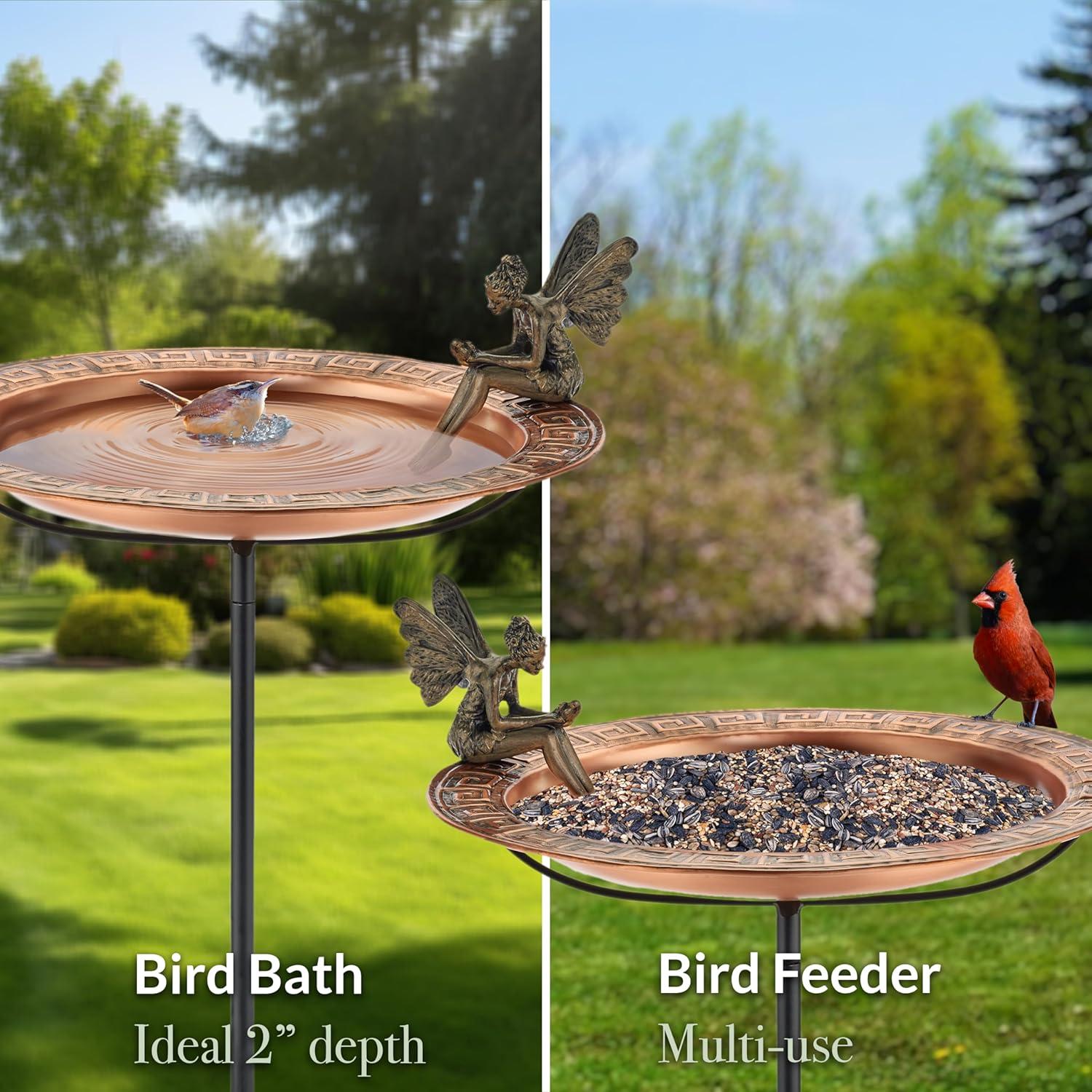 18" Copper Greek Bird Bath with Fairy and Garden Stake