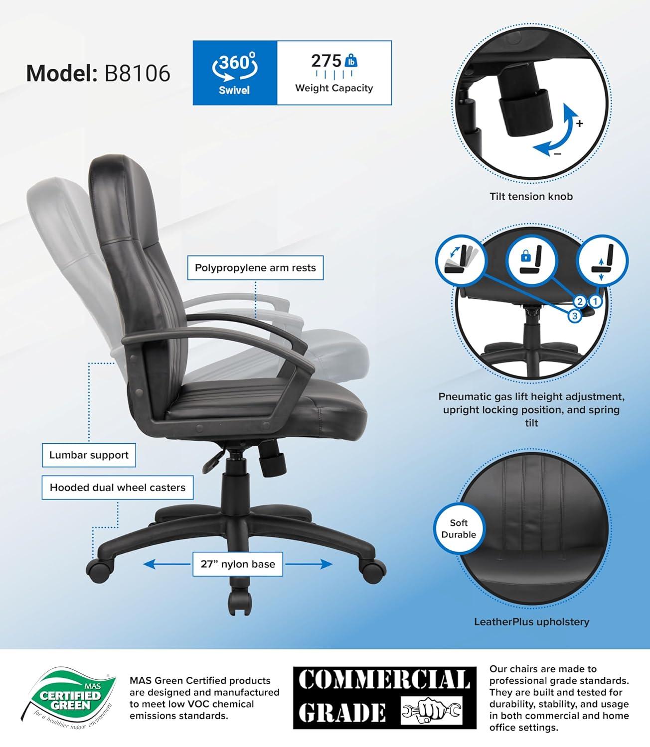 Executive Leather Budget Chair Black - Boss Office Products: Swivel, Lumbar Support, 250lb Capacity