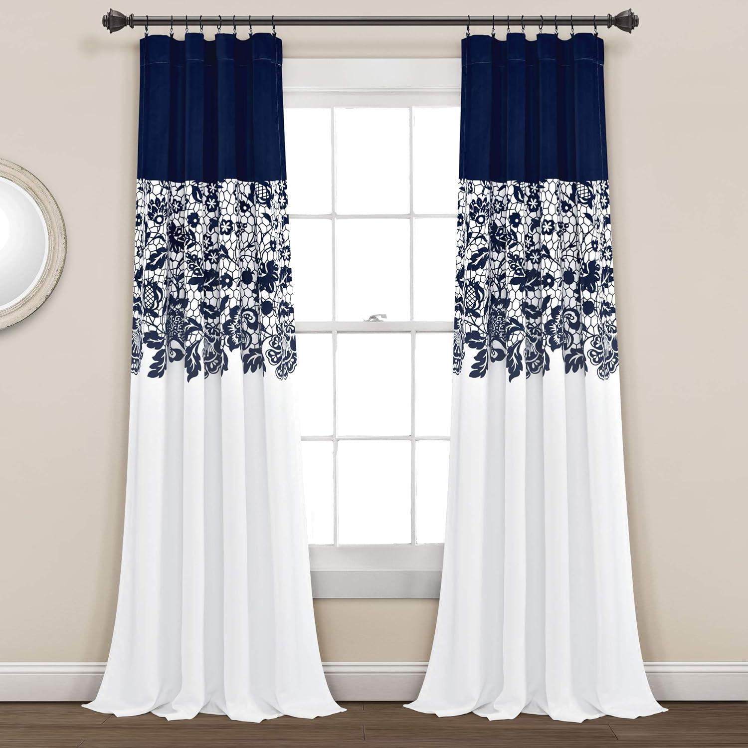 Navy and White Floral Blackout Polyester Window Panels