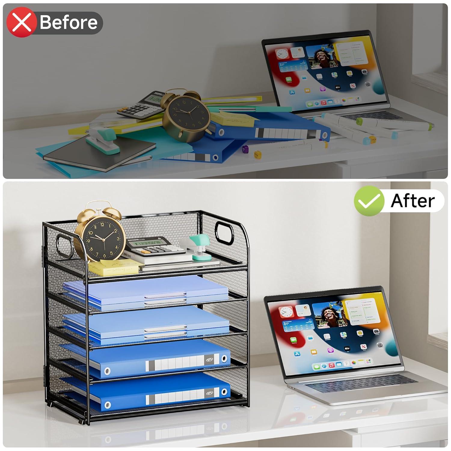 Paper Organizer for Desk Accessories & workspace 5 Tier Organizers Organizer with Handle Letter Tray Mesh Paper Sorter Desk Organizer for Office Home Supplies-Black