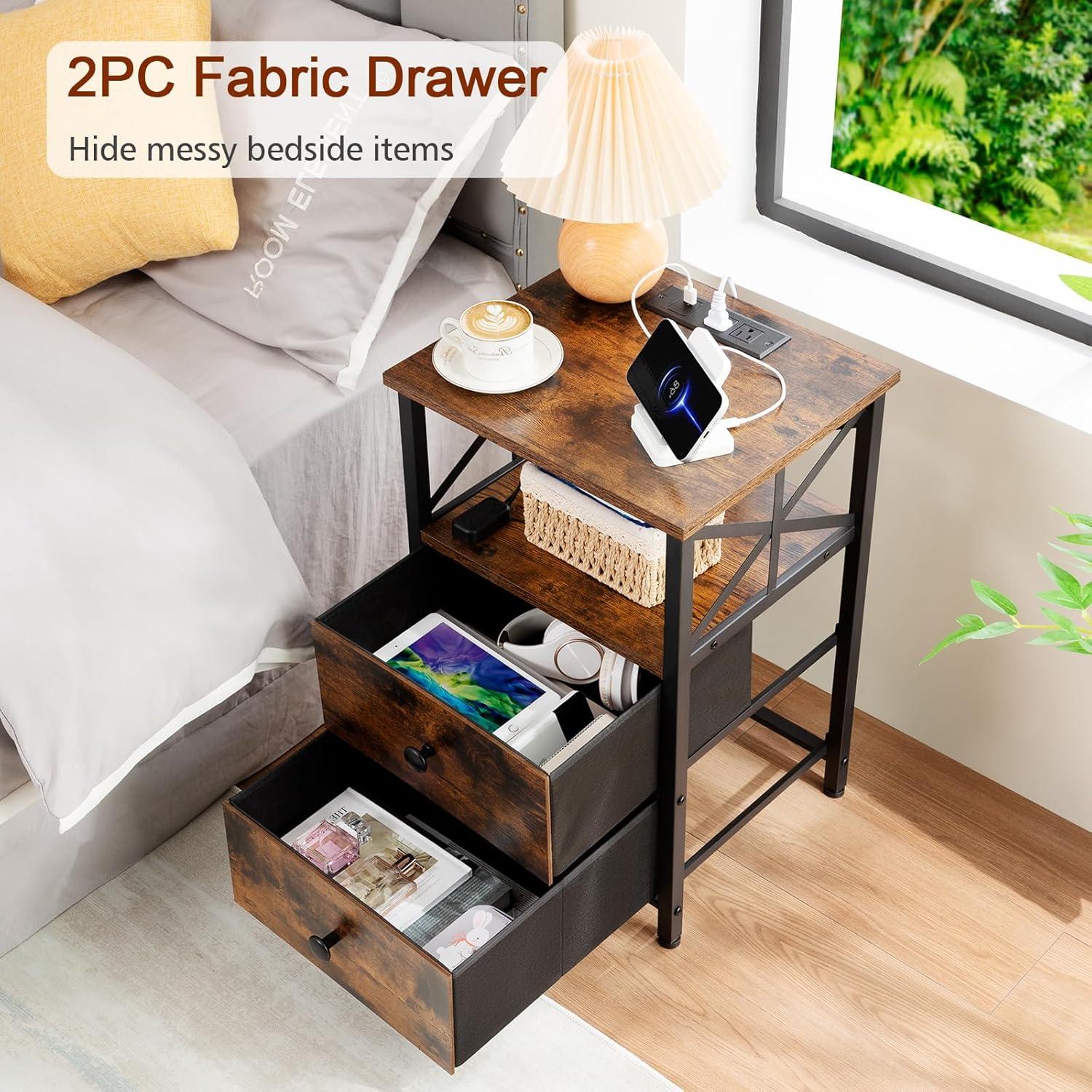 Rustic Brown LED Nightstand Set with Charging Station and Fabric Drawers