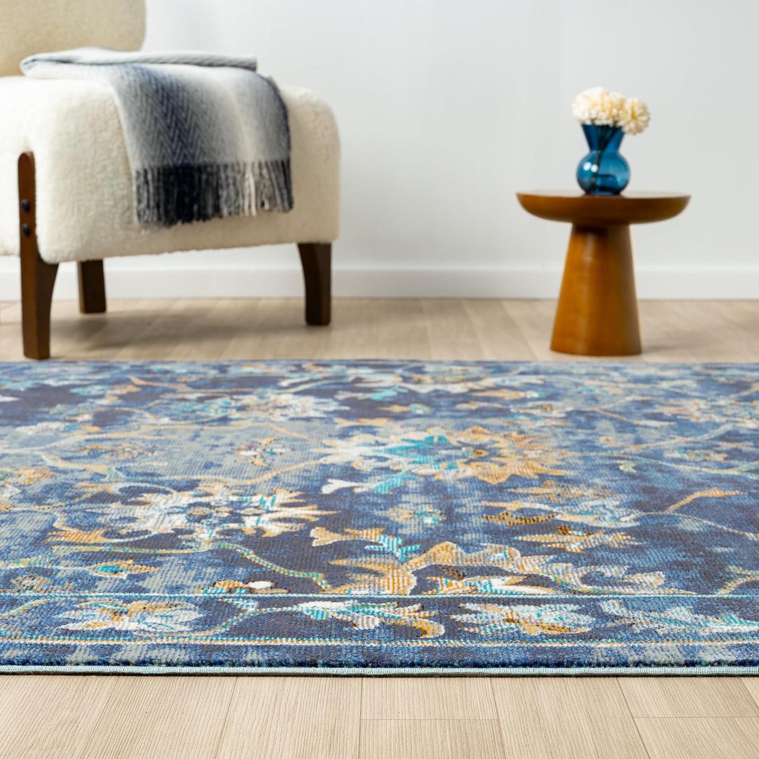 LR Home Ada 5' x 8' Indigo Bordered Floral Adult Durable Indoor Area Rug