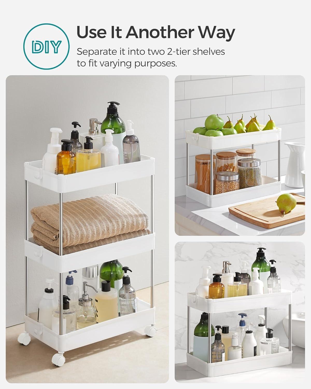 SONGMICS 3-Tier Rolling Cart Storage Cart with Wheels Space-Saving Rolling Storage Cart for Bathroom Kitchen Living Room Office 15.7 x 8.7 x 23.6 Inches White