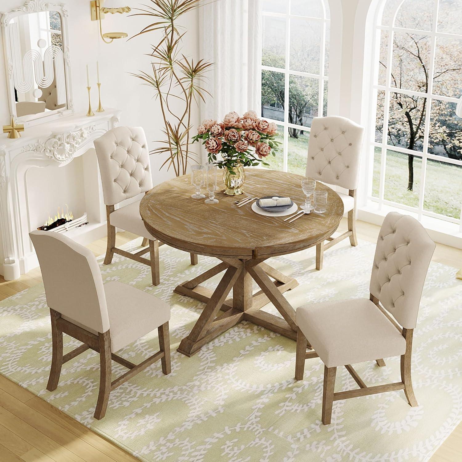 Bellemave Extendable Dining Table Set for 4, 5-Piece Round Table Set with 4 Chairs, Circle Table with Upholstered Chairs, Oval Kitchen Table Set with Extendable Table (Natural Wood Wash)