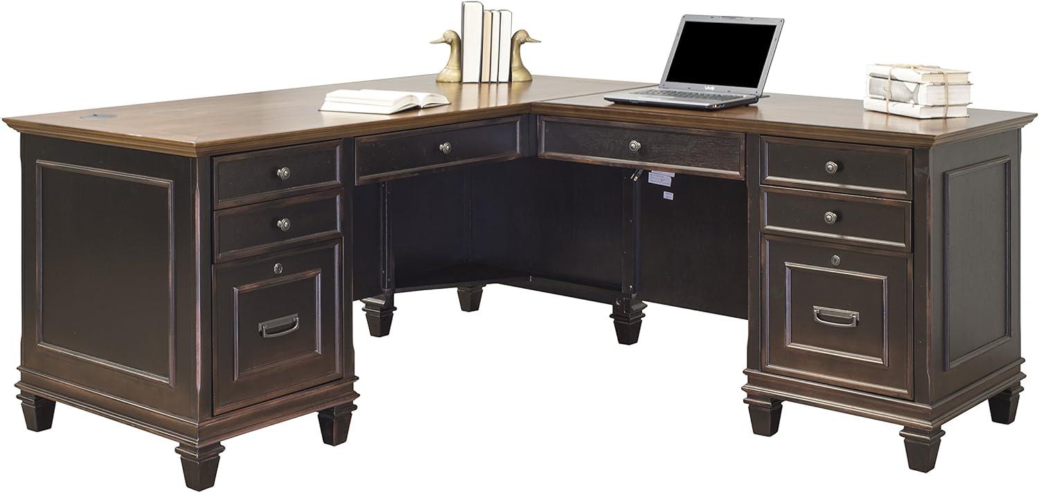 Traditional Brown L-Shaped Computer Desk with 8 Drawers and Power Center