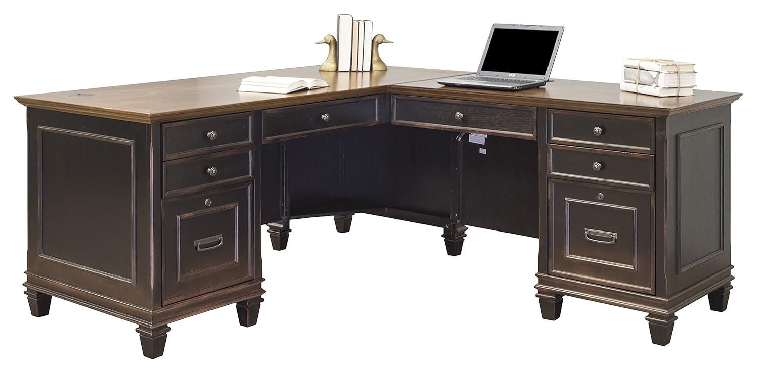 Martin Furniture Hartford L Shaped Pedestal Desk Brown: Executive Office Workstation with Metal Hardware
