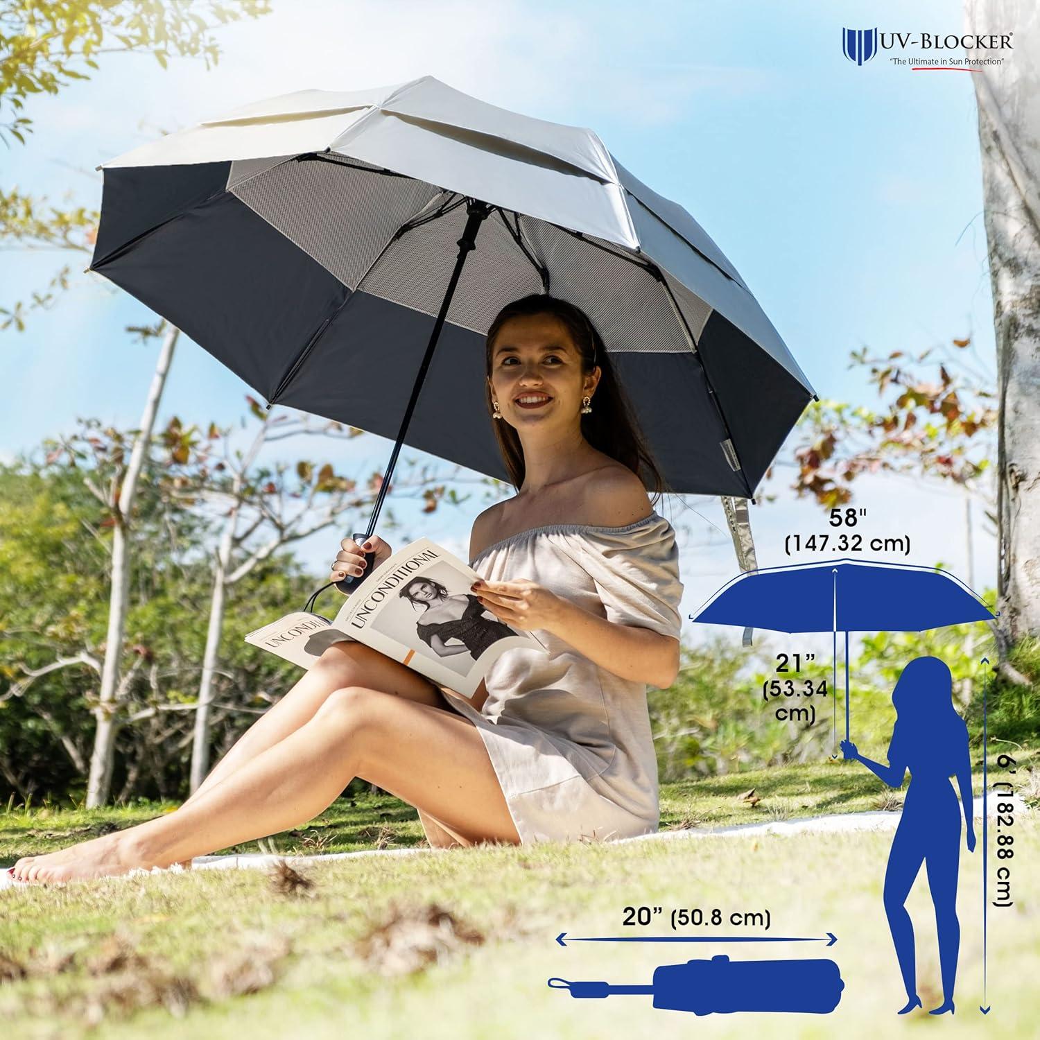 UV Blocker Sun Umbrella Large Wind Resistant Umbrella Auto Open UPF 55+ Sun Protection 58 inch