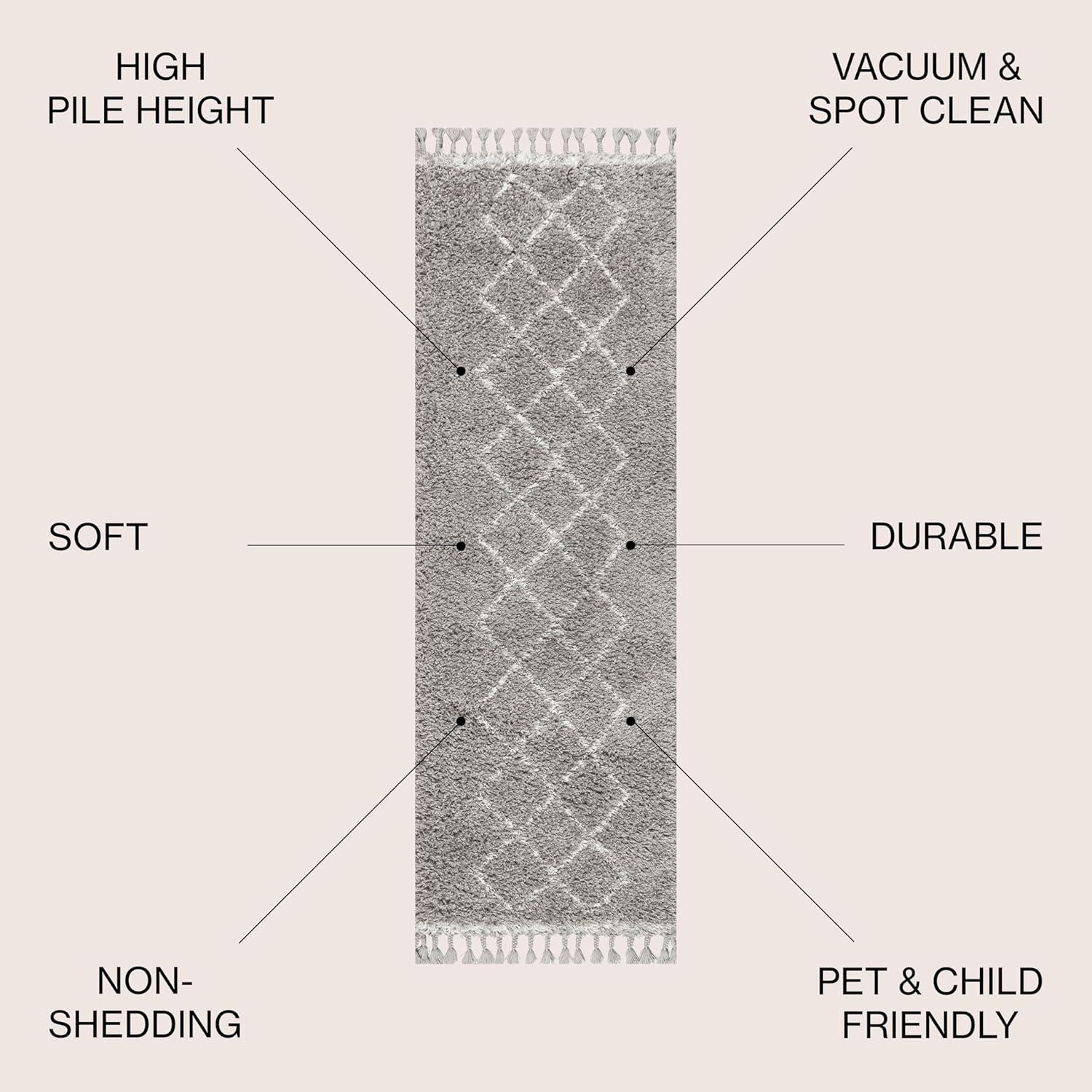 5'x8' Mercer Shag Plush Tassel Moroccan Geometric Trellis Area Rug, Grey/Cream - JONATHAN Y