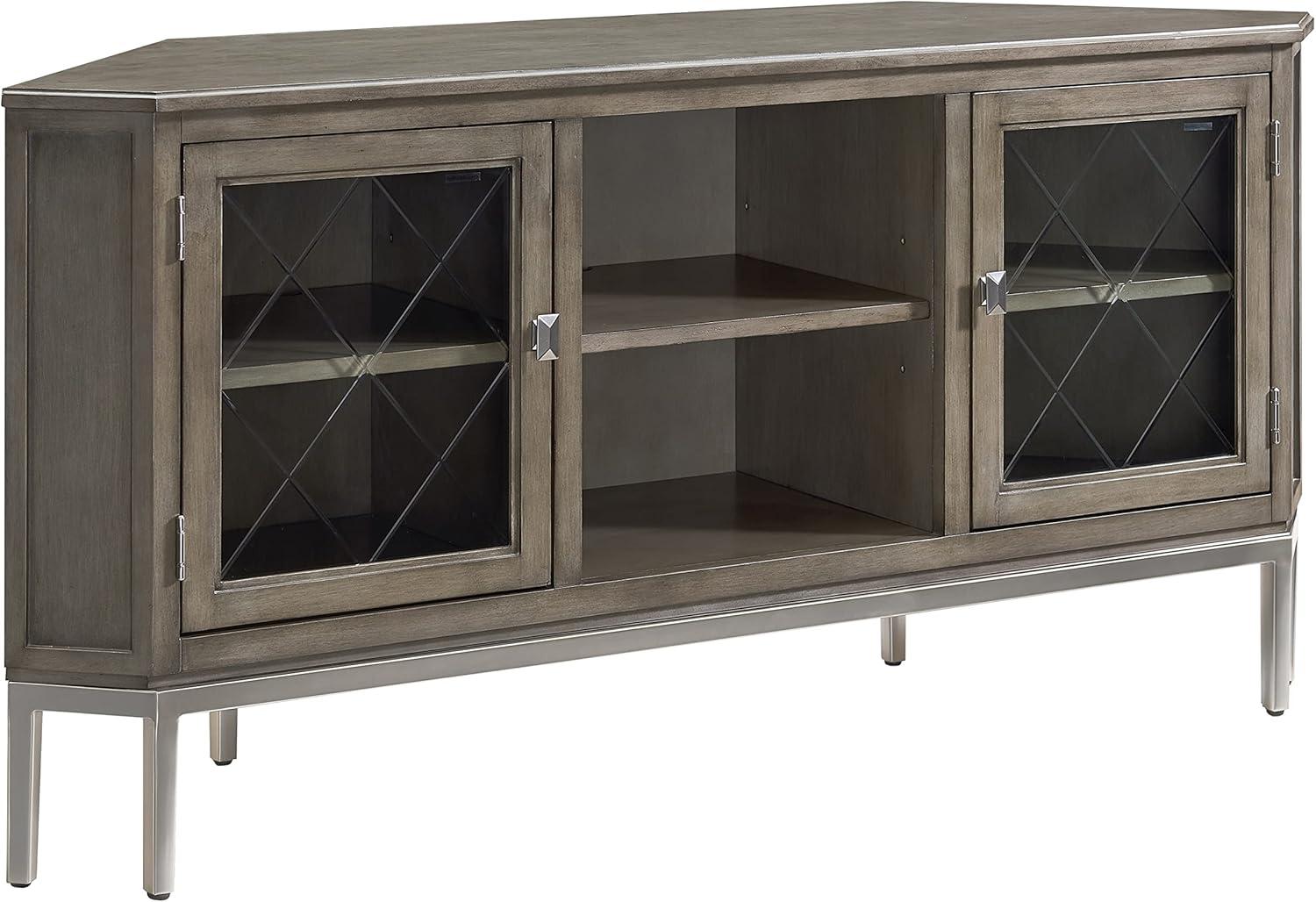 Gray Wood and Pewter Corner TV Stand with Glass Doors