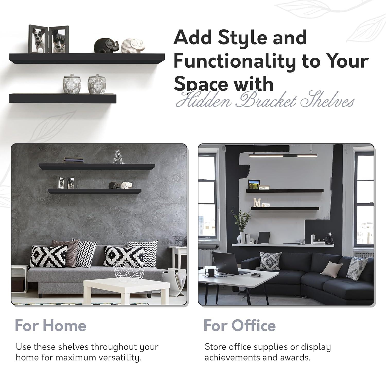 InPlace 24" Floating Shelf Wall Mounted Hidden Brackets Espresso : Modern Decor, Wood Composite, Includes Mounting Hardware