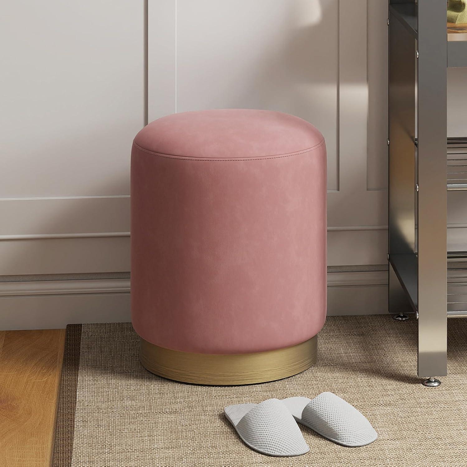 Velvet Fabric Upholstered Padded Round Pouf Ottoman, Pink
