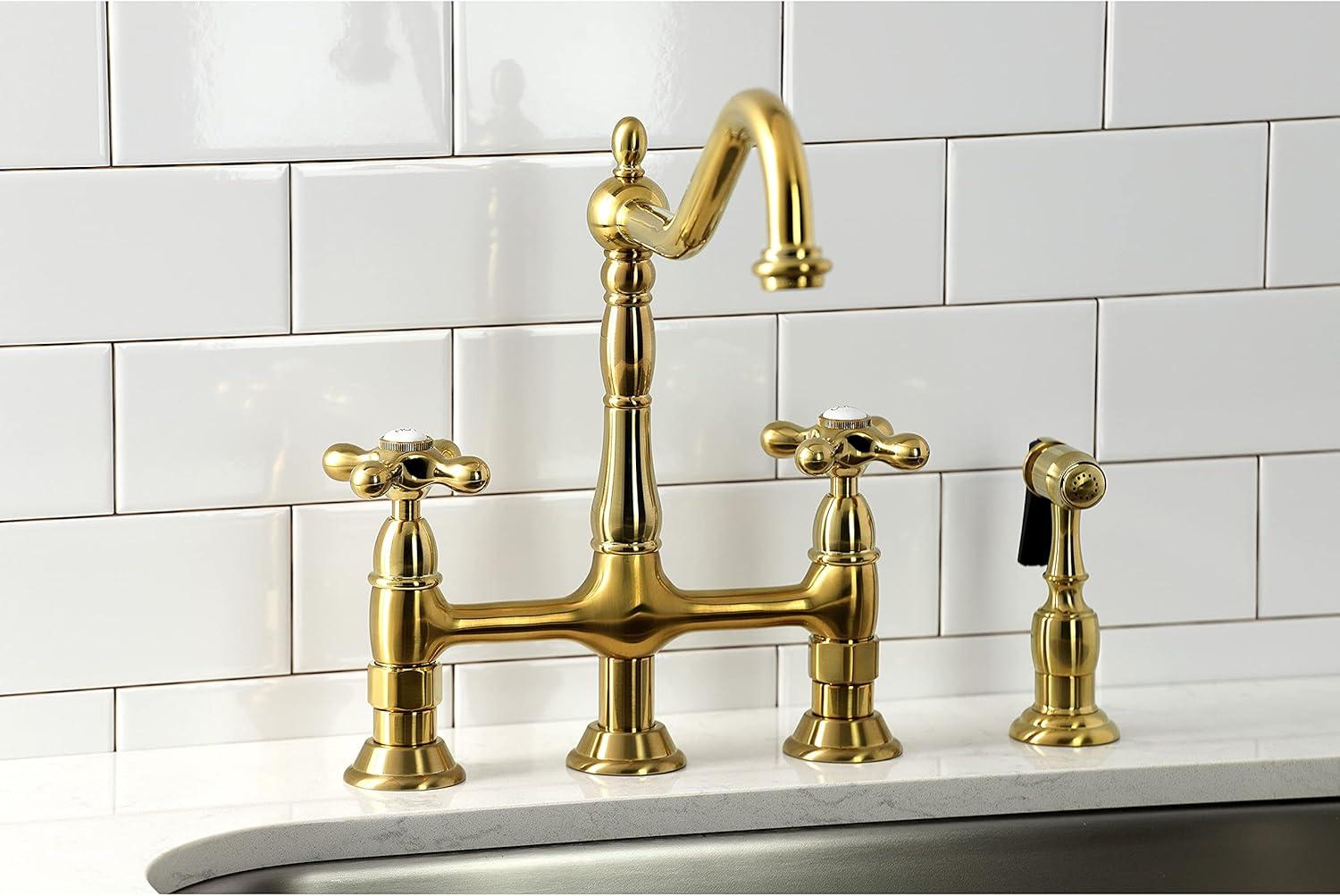 Kingston Brass Heritage Two-Handle 4-Hole Deck Mount Bridge Kitchen Faucet with Brass Side Sprayer