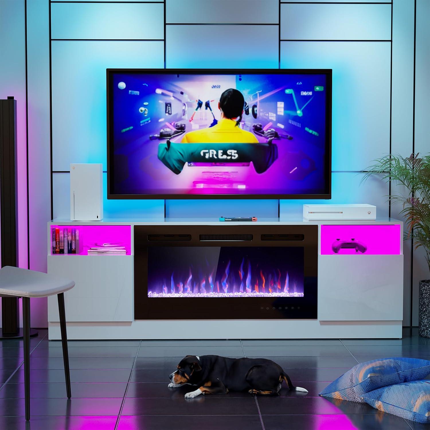 Ivy Bronx Ivy Bronx 70" Fireplace TV Stand for TVs Up to 80" with 36" Electric Fireplace, TV Console for The Living Room, LED Light Entertainment Center, Storage Cabinet, Media Console Table