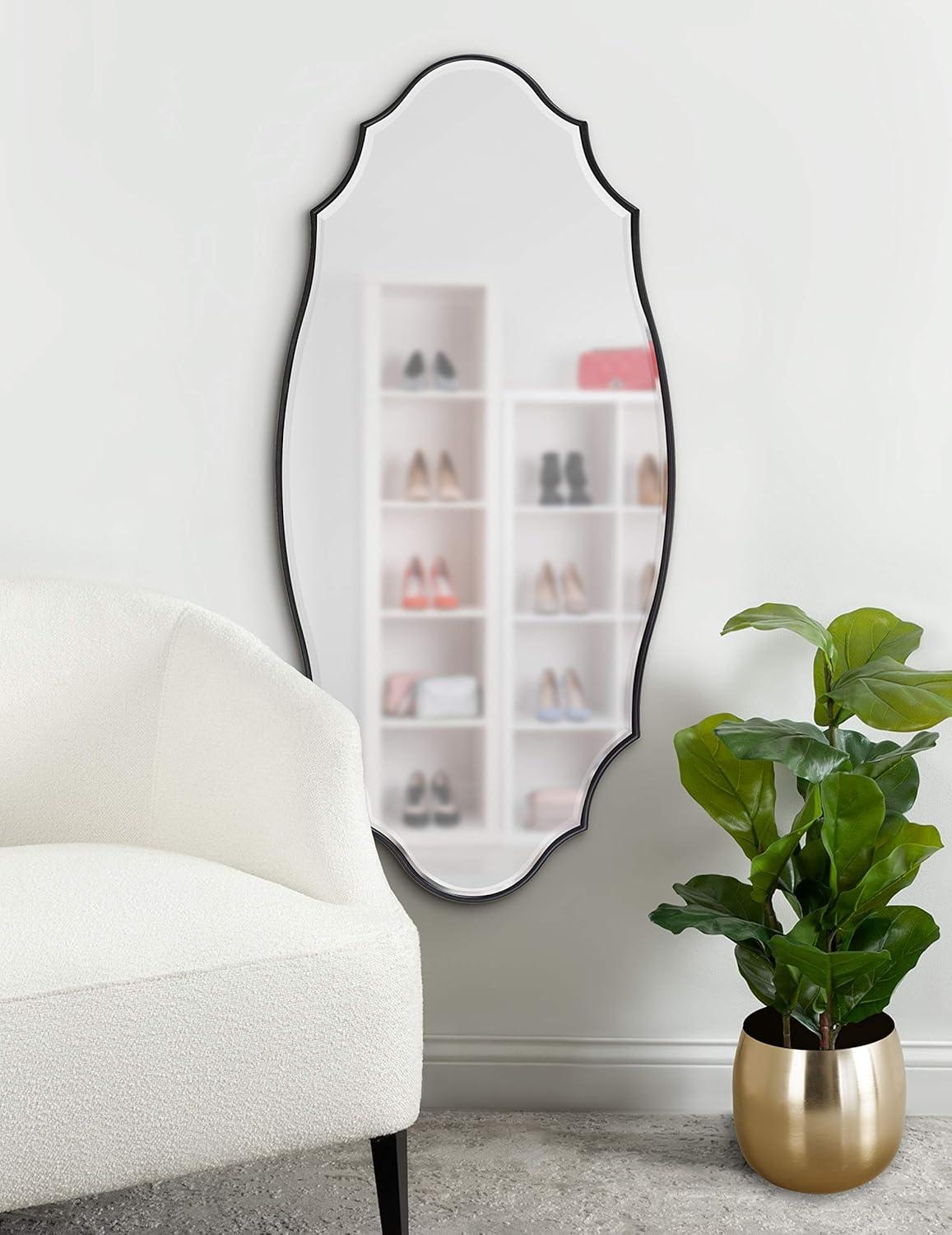 Kate and Laurel Leanna Modern Scalloped Wall Mirror, 20 x 42, Black, Glam Oval Mirror for Wall