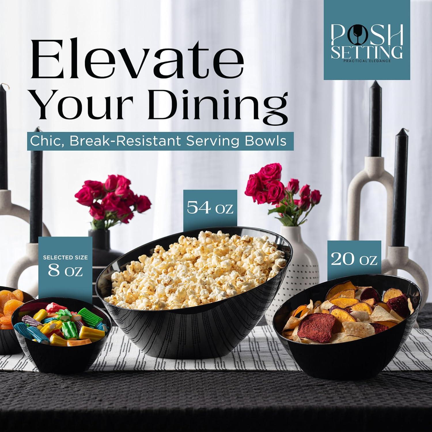 Posh Setting - Black Plastic Serving Bowls for Party, Angled Bowls, Disposable Chip Bowls, Candy Bowls for Party Table, Salad and Fruit Bowls for Party, Wedding Serving Bowls-Black, 8 OZ, 5 Pack