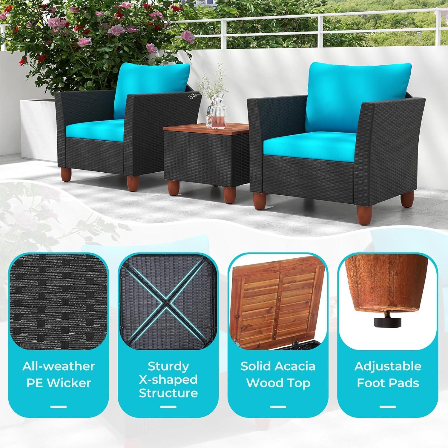 Tangkula 3PCS Patio Rattan Conversation Set Outdoor Furniture Set w/ Turquoise Cushions